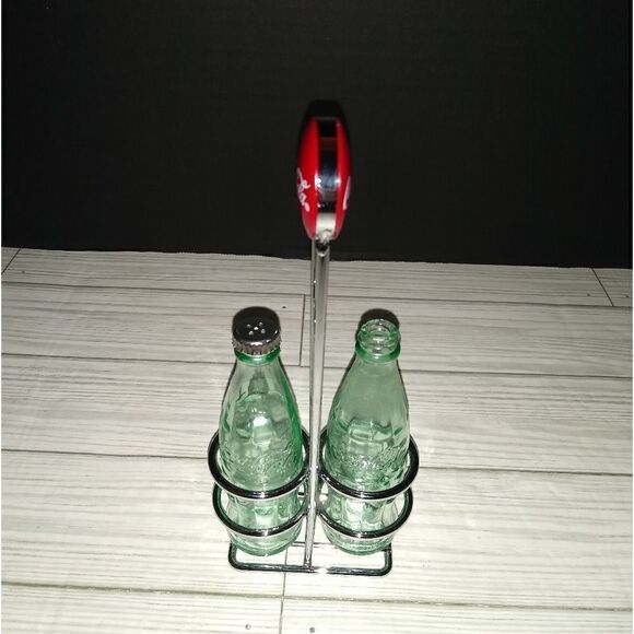 Vintage Glass Coca Cola Salt & Pepper Shakers Set With Metal Holder Made Taiwan - Picture 1 of 9